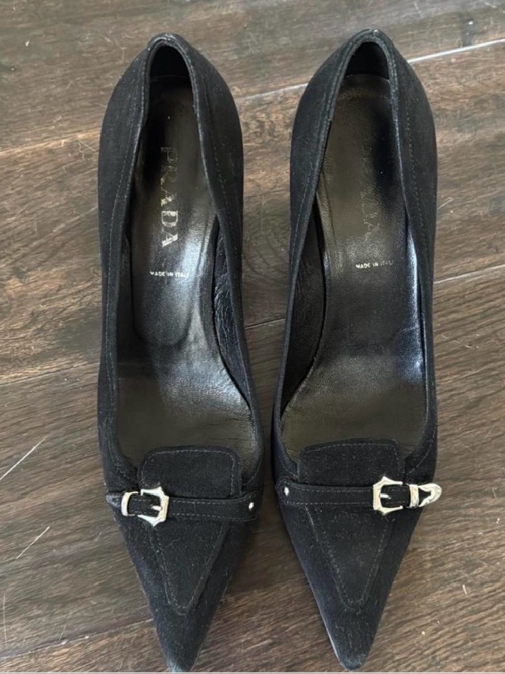 Vintage Prada Black Suede Pointed-Toe Pumps with Silver Buckle Accent Size 36